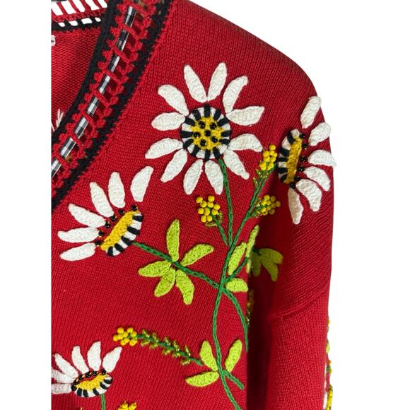 Design Options Red Daisy Floral Embroidered Cardigan Sweater L Cotton Cottage - Picture 6 of 10